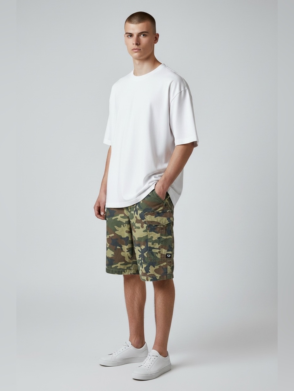 True Religion Men’s sz 34 Green Cargo Camouflage Twill Grunge Button 10" Shorts